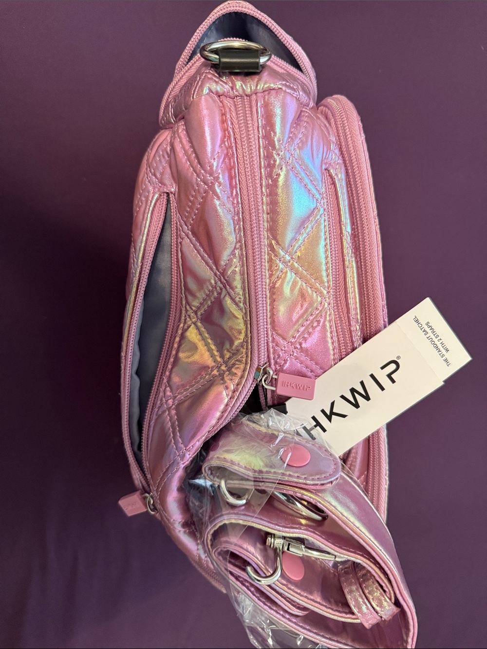 Quilted Pink Iridescent Crossbody Bag by